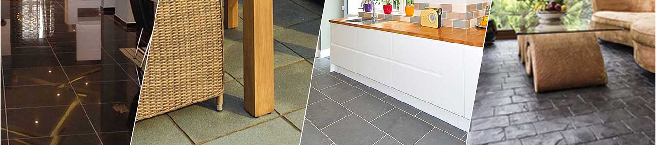 4 photos of tile and stone flooring placed side by side. From left to right: (1) Dark brown square procelain tile flooring, (2) Rattan chair on a gray tile flooring, (3) Kitchen with gray ceramic tile flooring in brick arrangement  (4) Living space with brown furnitures and dark gray stone flooring 